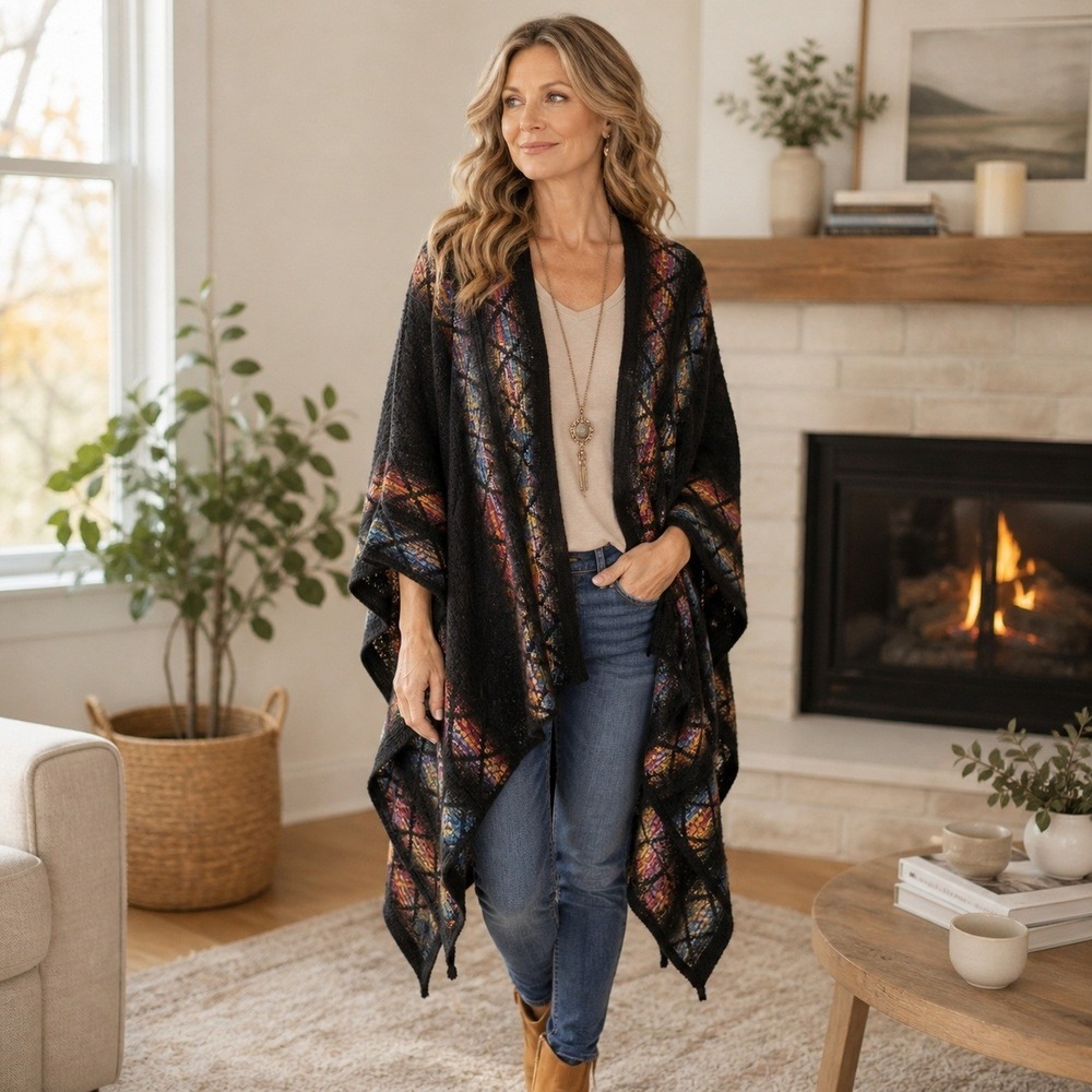 Le Moda Stained Glass Knit Poncho Wrap Womens Size OS Black Rainbow Boho Chic
